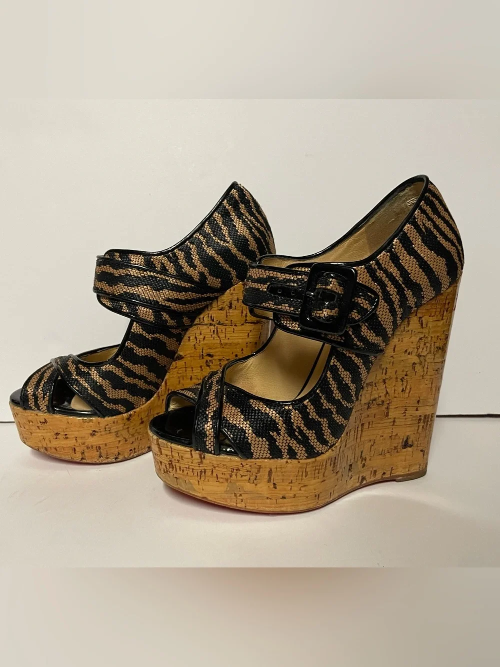 Christian Louboutin Black and Tan Zebra Cork Wedge Mary Jane Pumps 36